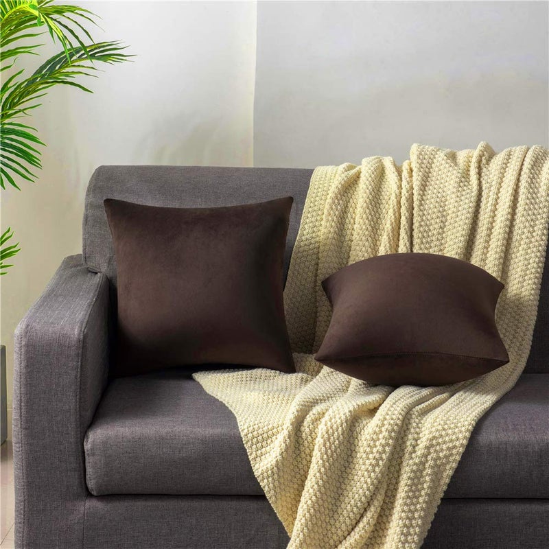 DEZENE Throw Pillow Covers 16x16 Chocolate Brown: Pack of 2 Cozy Soft Velvet Square Modern Luxury Decorative Throw Pillow Cases for Sofa Couch Living Room Bed Home Decor - Image 2
